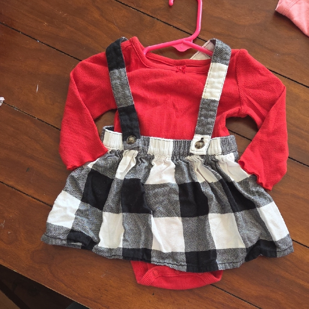Red Long Sleeve Onesie with Plaid Suspender Skirt